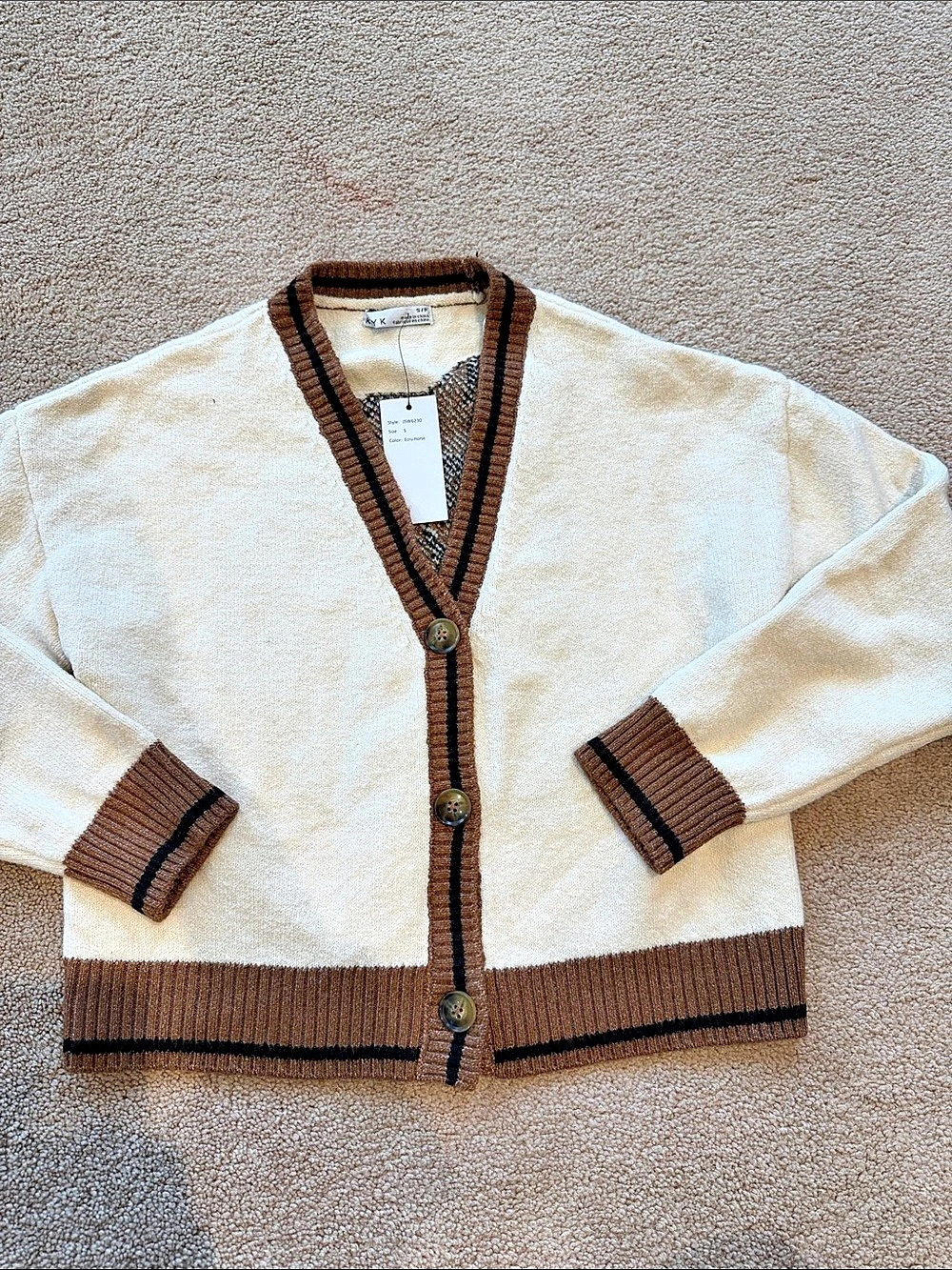 KAILY K Horse Cardigan in Cream & Brown Size Small NWT
